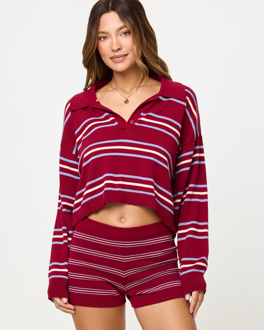 LSPACE Dalton Sweater and Short in berry wine stripe, close-up detail view on model.