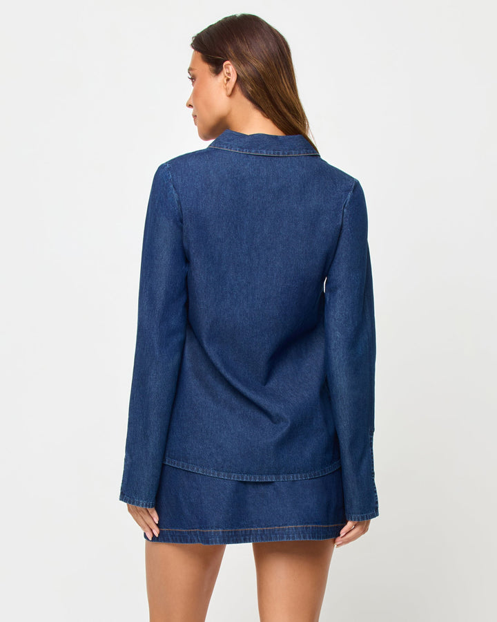 LSPACE Venice shirt in Indigo Chambray, back view on model.