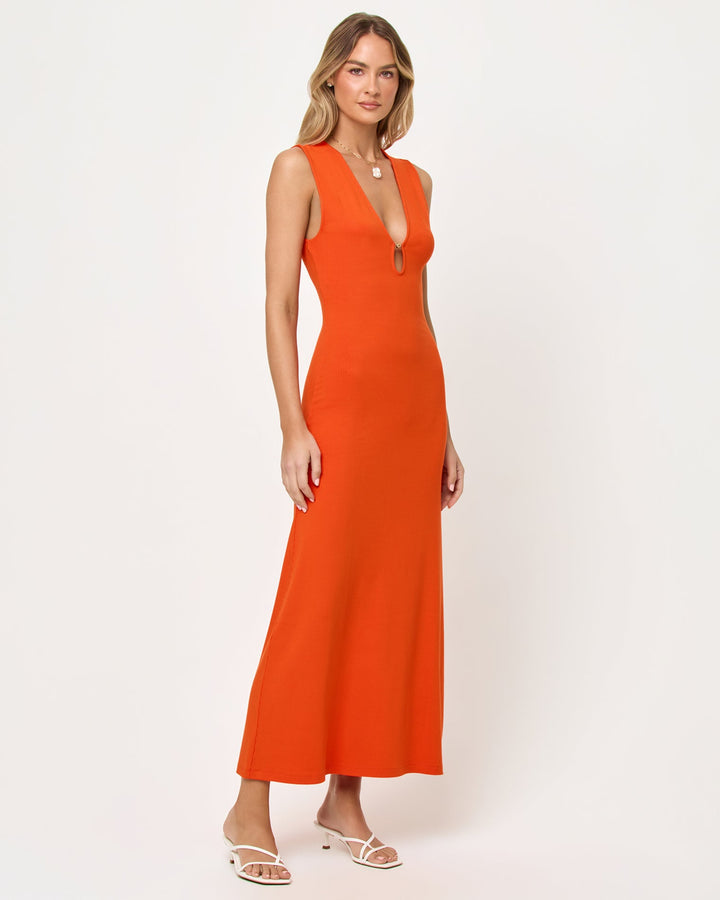 LSPACE Yuki maxi dress in Poppy, three-quarter view on model.