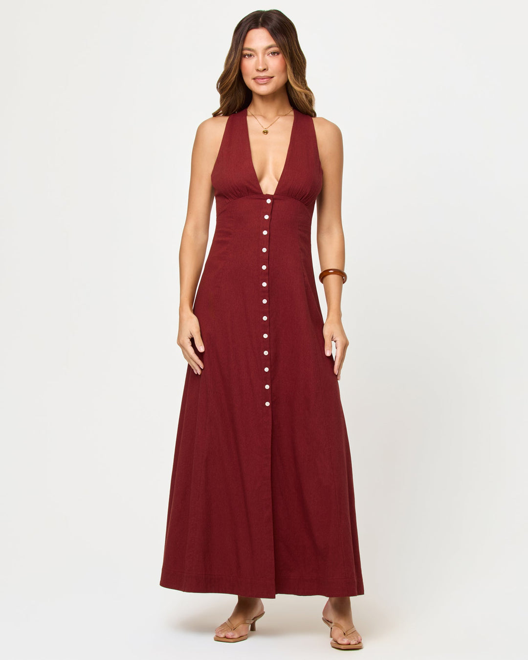 LSPACE Arlo maxi dress in Dusty Fig, front view on model.
