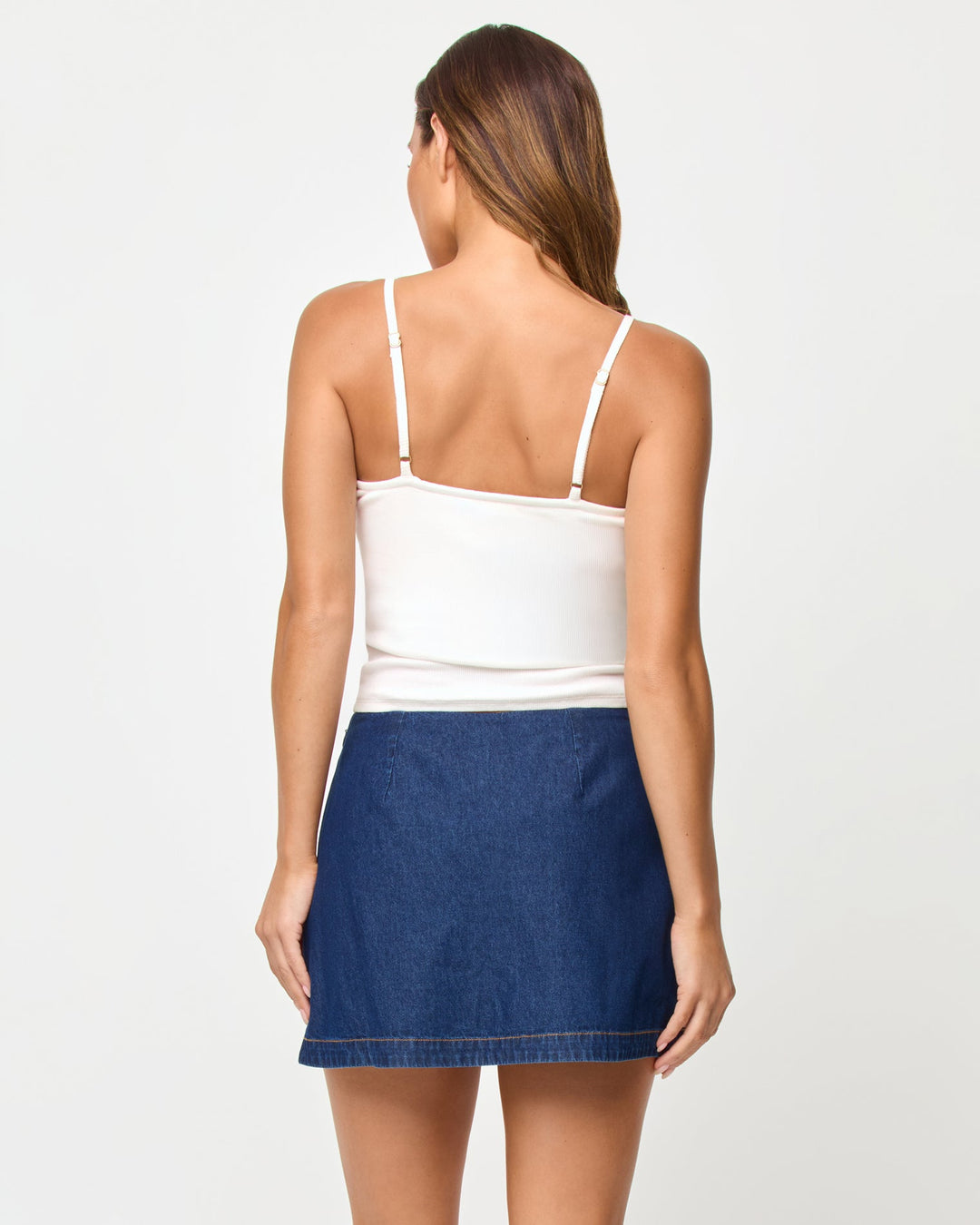 LSPACE Venice skort in Indigo Chambray, back view on model.
