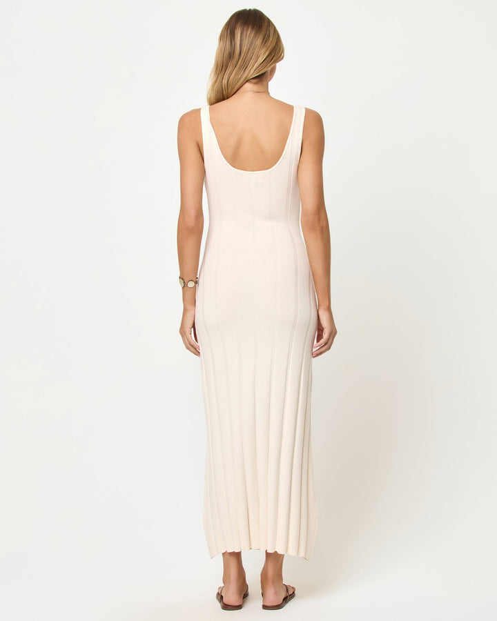 LSPACE En Route dress in tapioca, back view on model.
