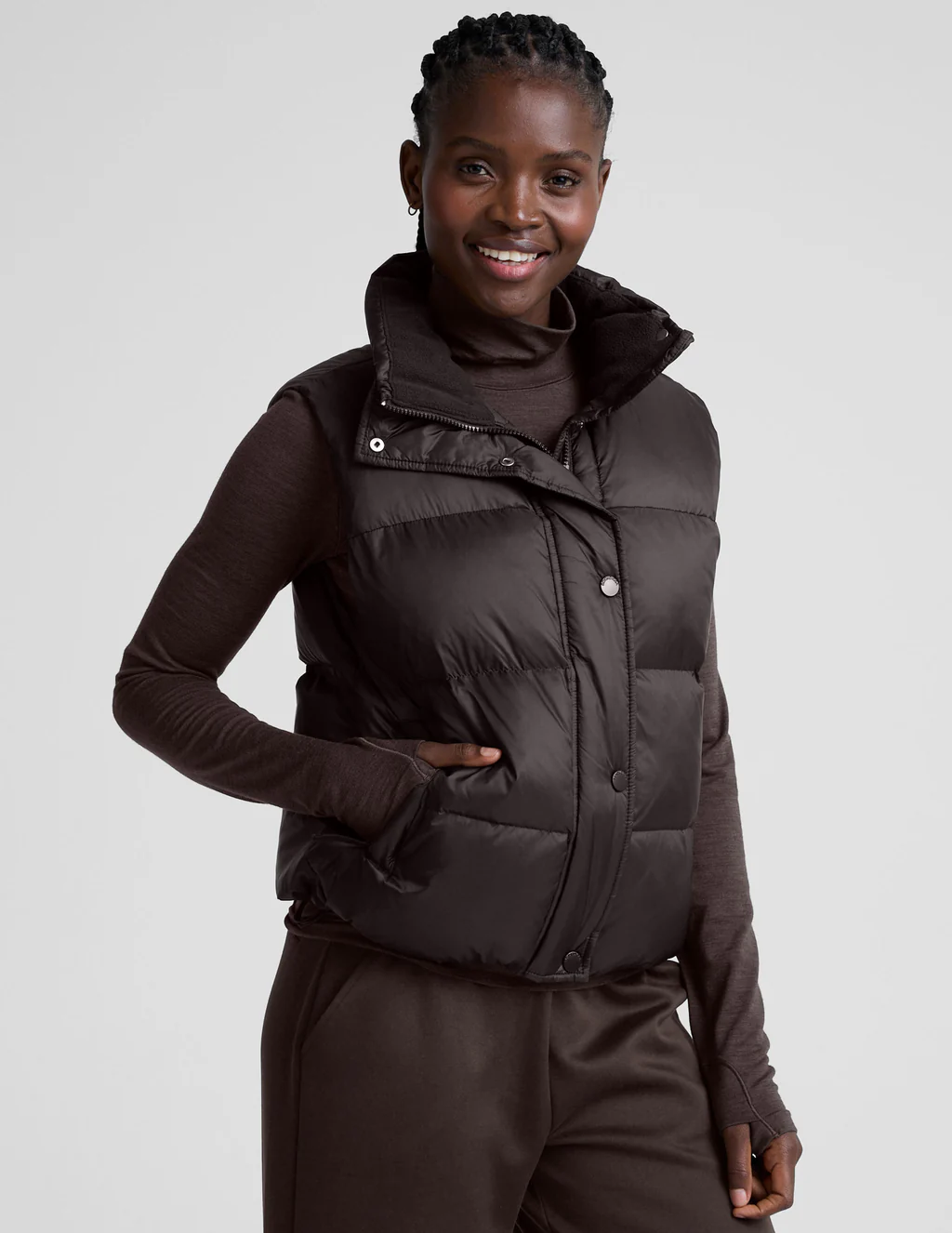 Big Cozy Zip/Button Puffer Vest - Dark Chocolate | Evolve Fit Wear 