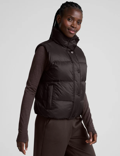 Big Cozy Zip/Button Puffer Vest - Dark Chocolate | Evolve Fit Wear  1