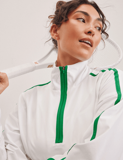 Course Contrast Half Zip Pullover - White/Green | Beyond Yoga | Evolve Fit Wear