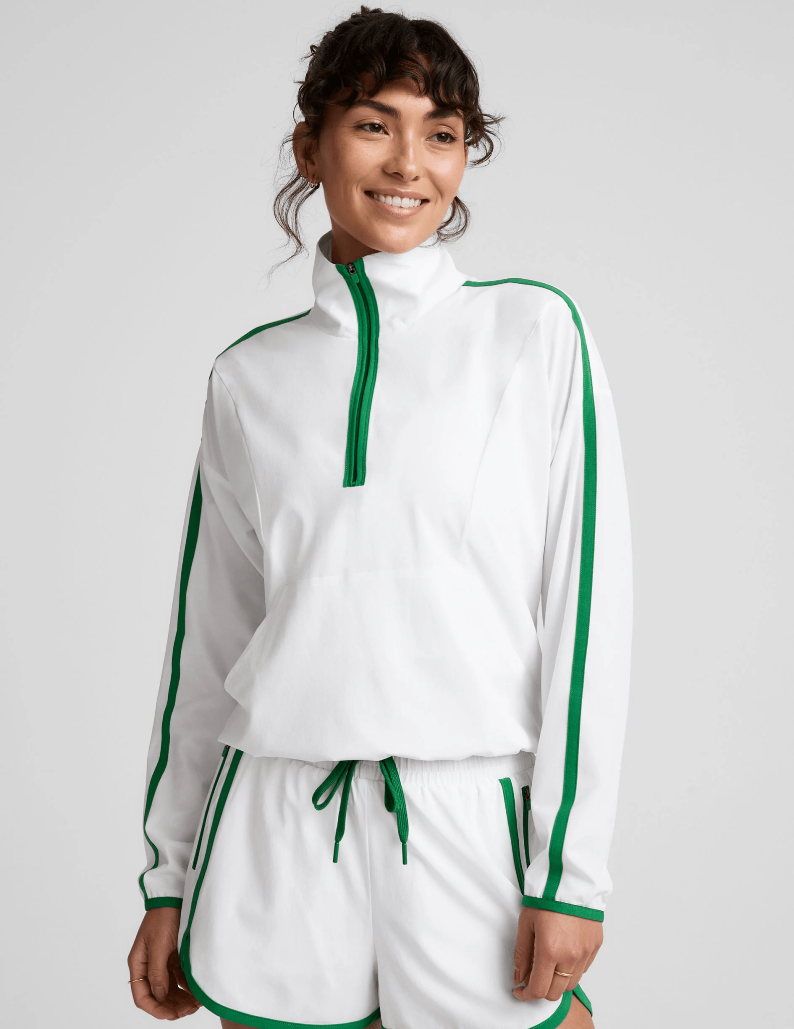 Course Contrast Half Zip Pullover - White/Green | Beyond Yoga | Evolve Fit Wear