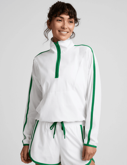 Course Contrast Half Zip Pullover - White/Green | Beyond Yoga | Evolve Fit Wear