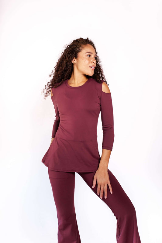 Open Shoulder Top in Maroon | Yoga Democracy | Evolve Fit Wear
