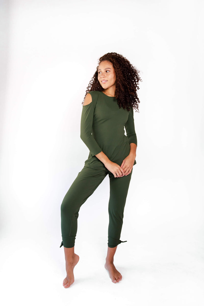 Open Shoulder Top in Forest Green front