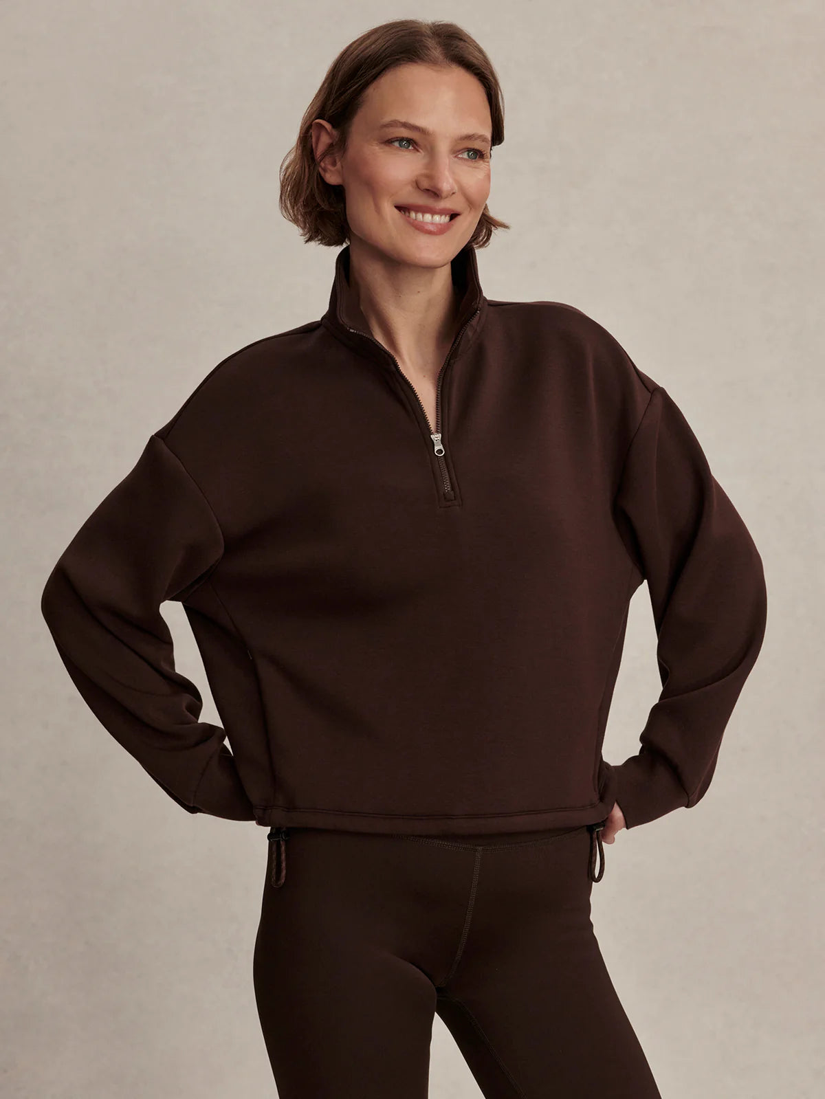 Sian Cropped Half Zip Pullover Sweatshirt - Coffee Bean | Evolve Fit Wear