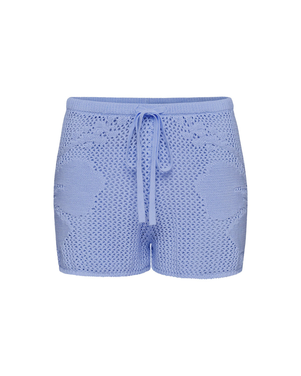 Off-model view of the LSPACE Island Time Short in Chambray, an open-knit crochet short with a floral motif and drawstring waist.