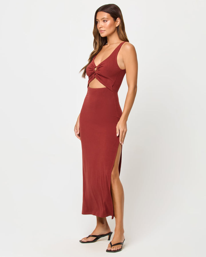 LSPACE Camille dress in dusty fig, side view on model.