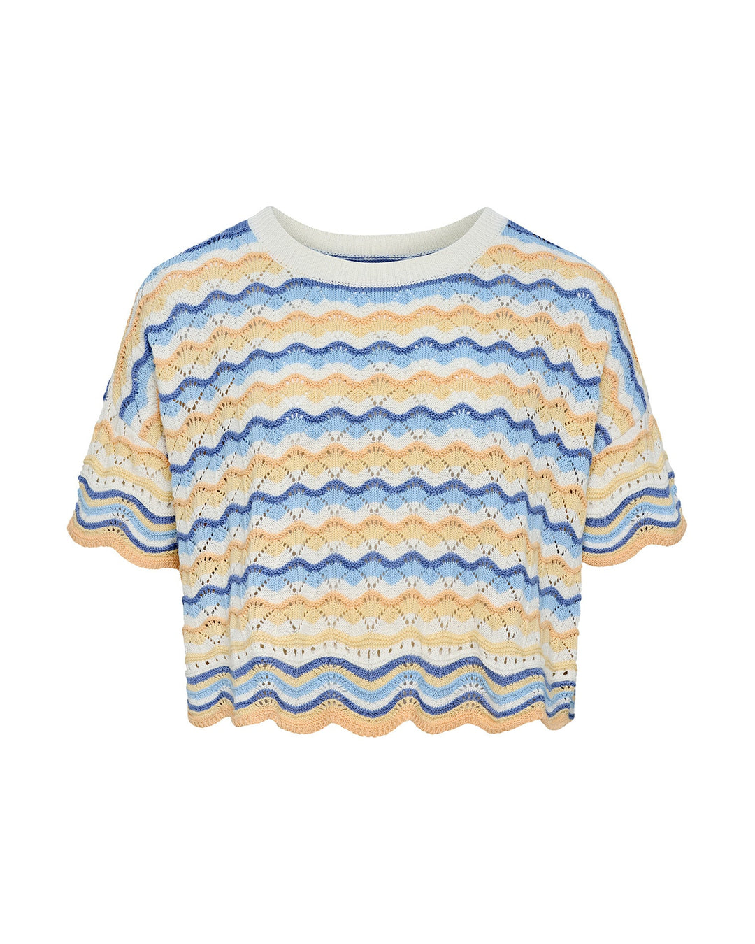 Off-model view of the LSPACE Sunchaser Top in Daydreamer, a short-sleeve crochet top in a blue, peach, and white wave pattern with crew neckline and scalloped hem.