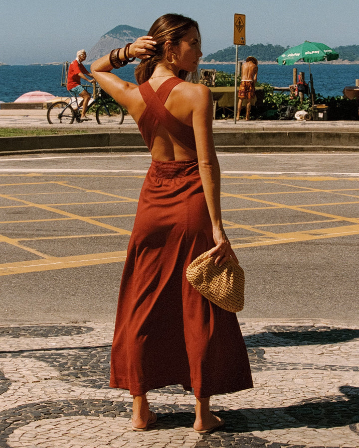 LSPACE Arlo maxi dress in Dusty Fig, lifestyle/editorial view on model.