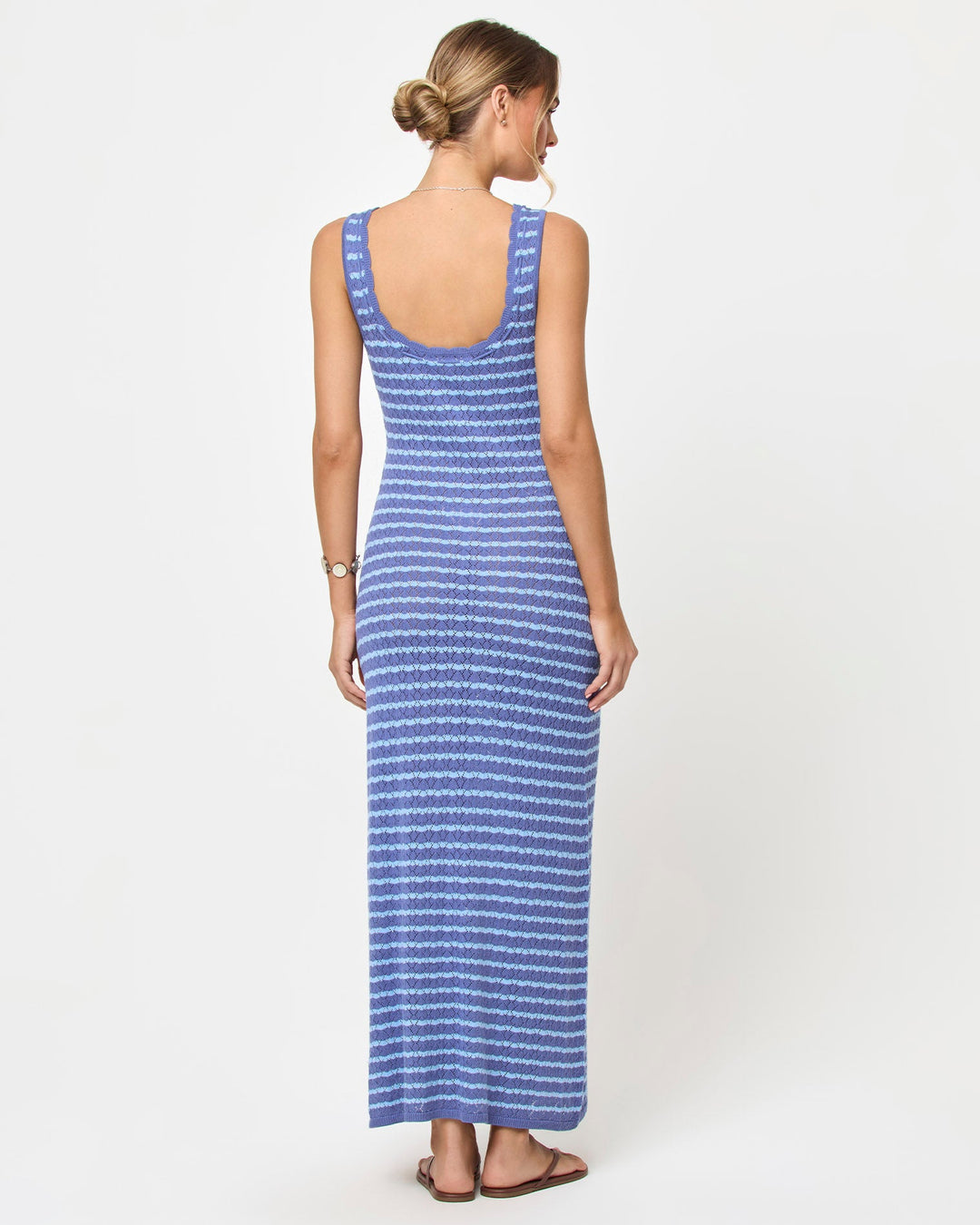 LSPACE Rosalie maxi dress in blue lagoon, back view on model.