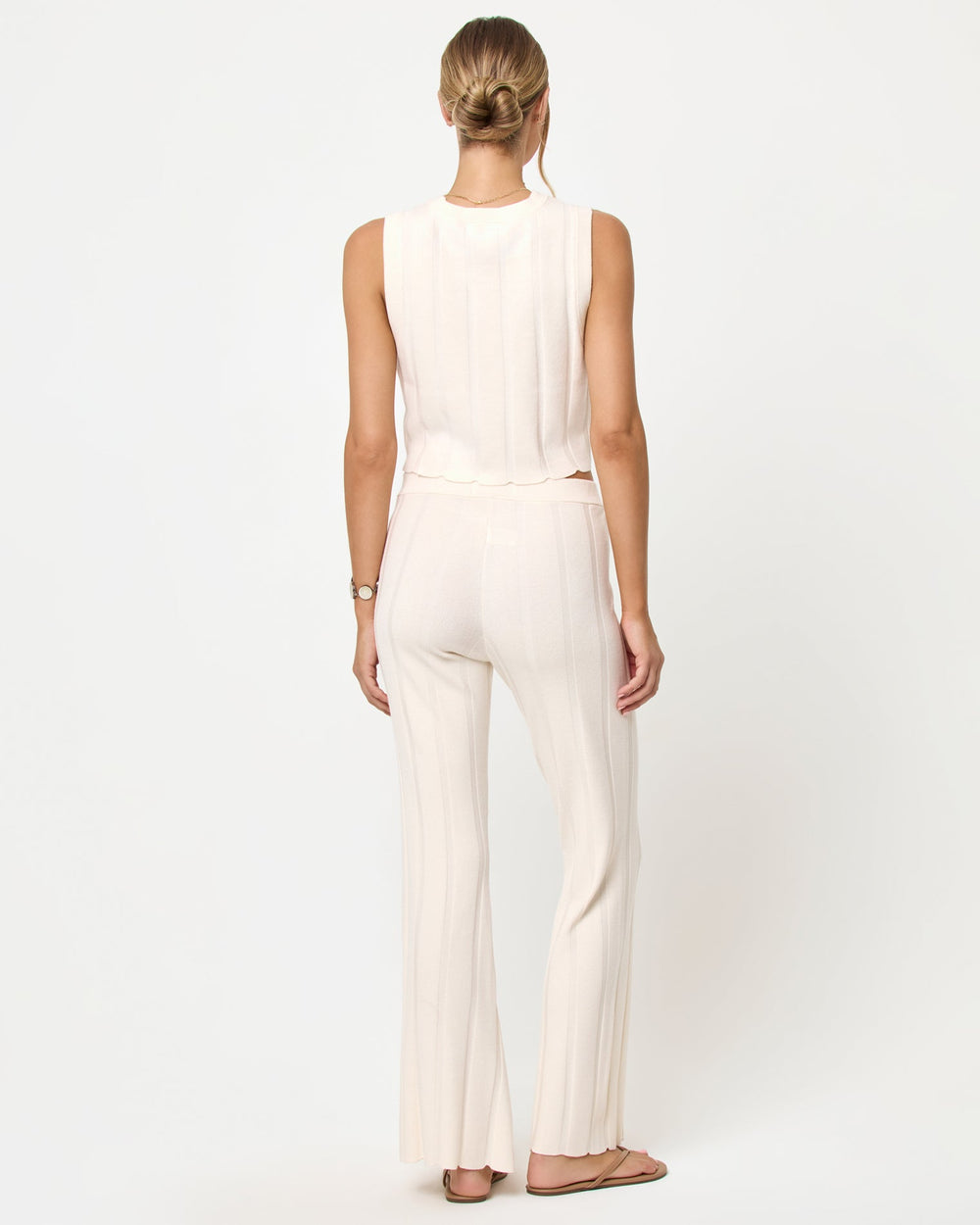 LSPACE Iris pant and En Route Top in tapioca, back view on model.