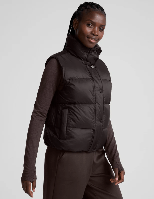 Big Cozy Zip/Button Puffer Vest - Dark Chocolate | Beyond Yoga | Evolve Fit Wear