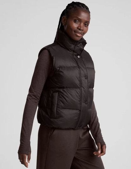 Big Cozy Zip/Button Puffer Vest - Dark Chocolate | Beyond Yoga | Evolve Fit Wear