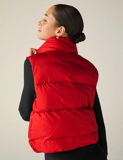 Big Cozy Zip/Button Puffer Vest - Ruby Red | Beyond Yoga | Evolve Fit Wear