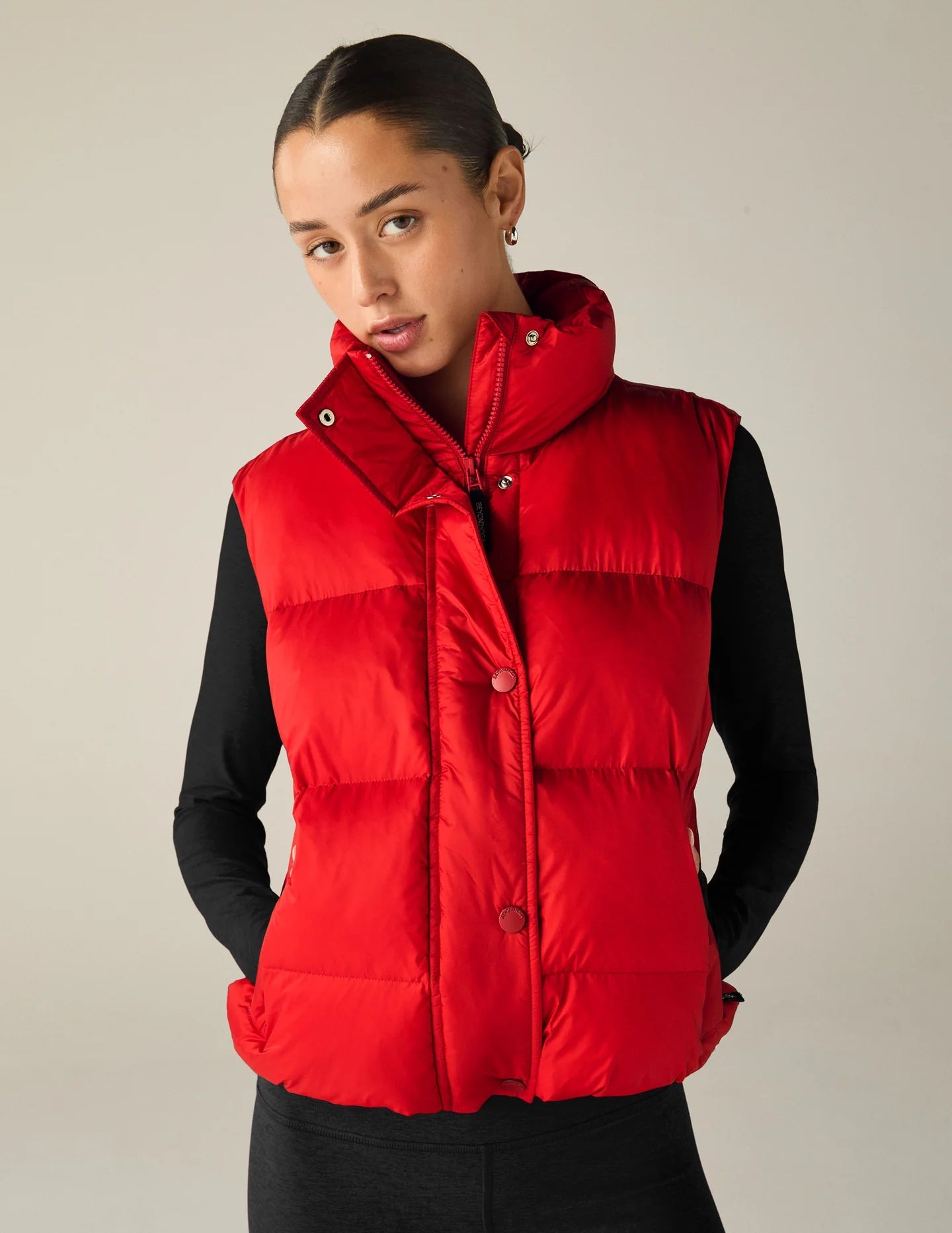 Big Cozy Zip/Button Puffer Vest - Ruby Red | Beyond Yoga | Evolve Fit Wear