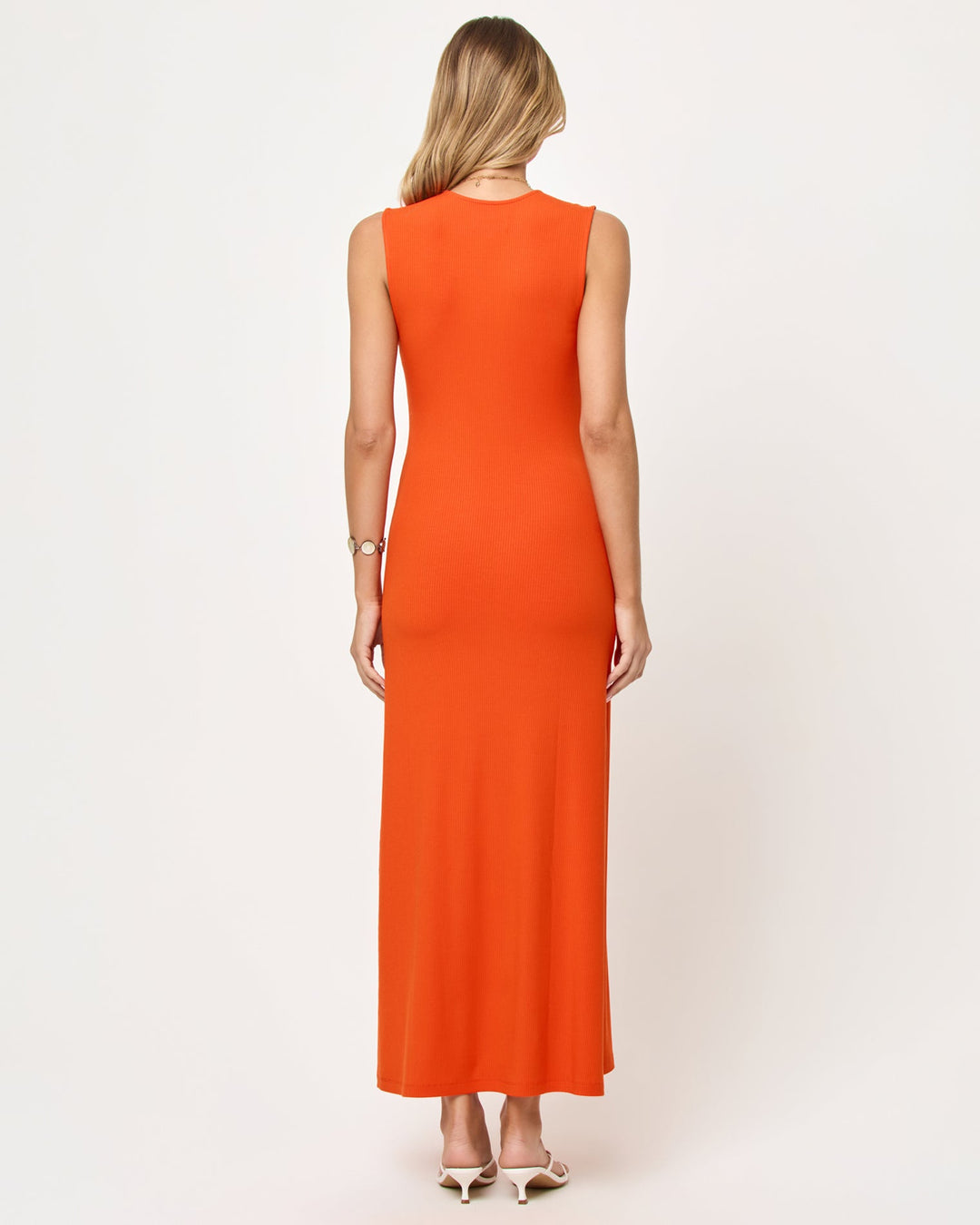 LSPACE Yuki maxi dress in Poppy, back view on model.