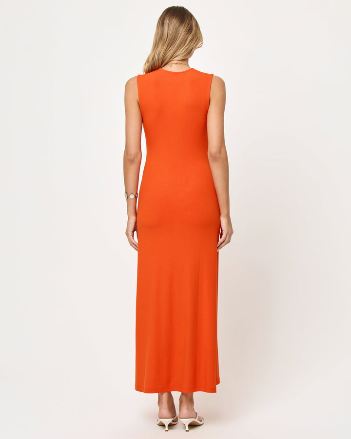 LSPACE Yuki maxi dress in Poppy, back view on model.