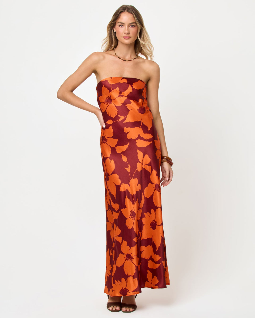 LSPACE Spring In Love dress in Cocobolo print, front view on model.