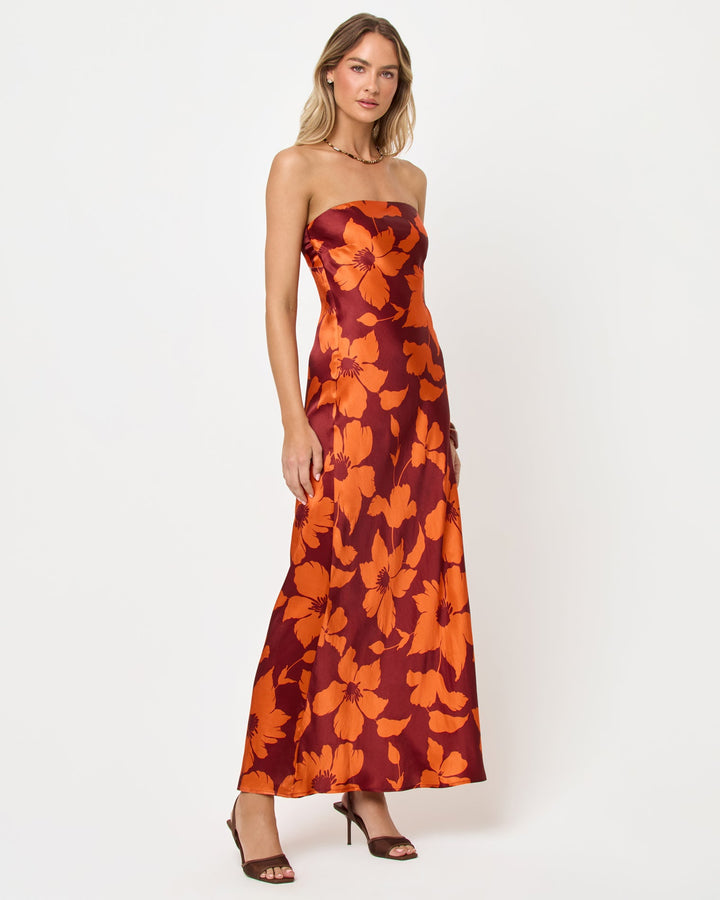 LSPACE Spring In Love dress in Cocobolo print, three-quarter view on model.