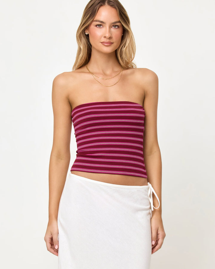 LSPACE Zinnia Top in Sipping Sangria Stripe, close-up front view on model.