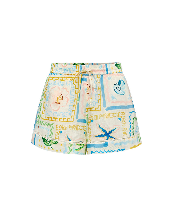 LSPACE La Mer Short in Wish You Were Here print, off-model flat lay.