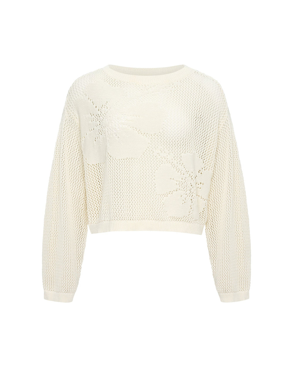 Off-model view of the LSPACE Island Time Sweater in Cream, a cropped open-knit crochet pullover with a floral motif and long sleeves.