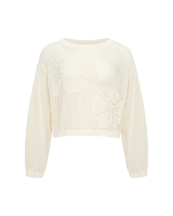 Off-model view of the LSPACE Island Time Sweater in Cream, a cropped open-knit crochet pullover with a floral motif and long sleeves.
