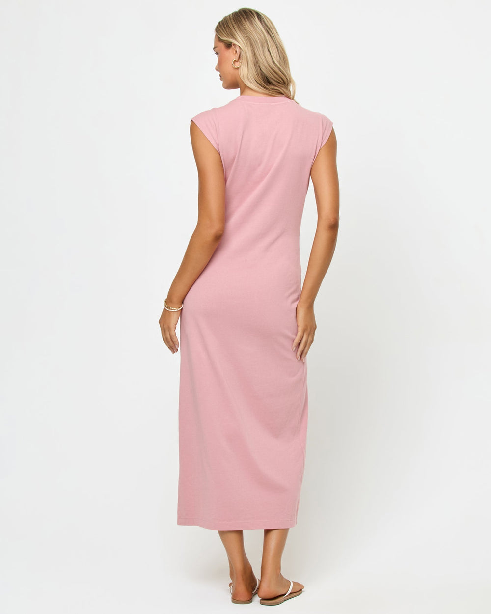Back view of the L*Space Sacha Fitted Maxi Dress in pink with a fitted maxi silhouette