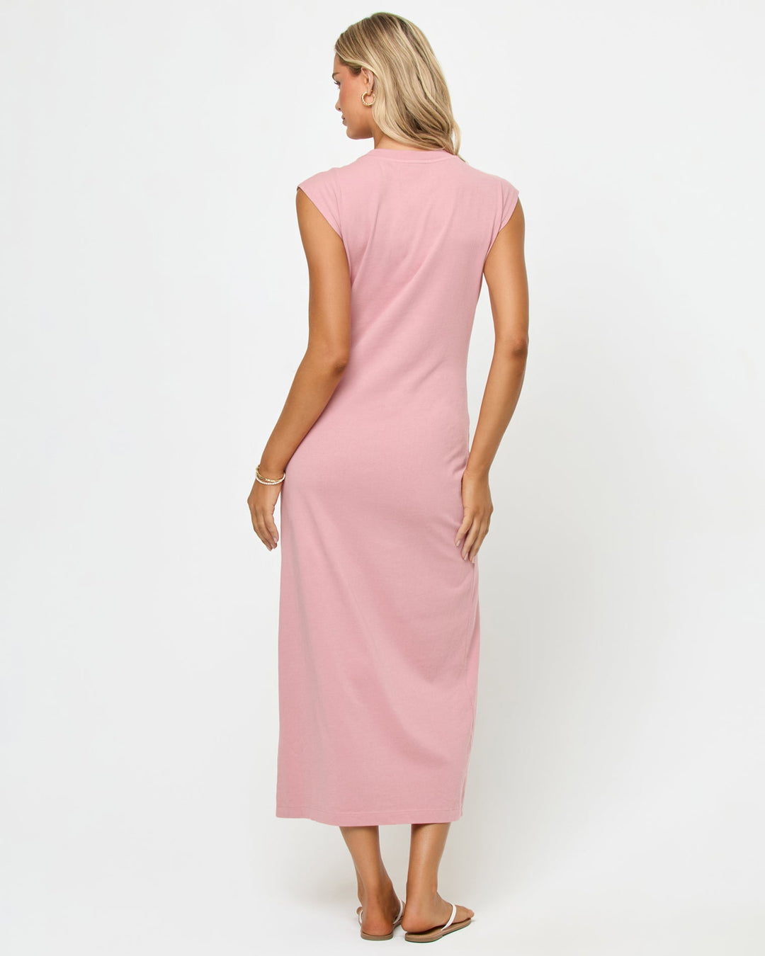 Back view of the L*Space Sacha Fitted Maxi Dress in pink with a fitted maxi silhouette
