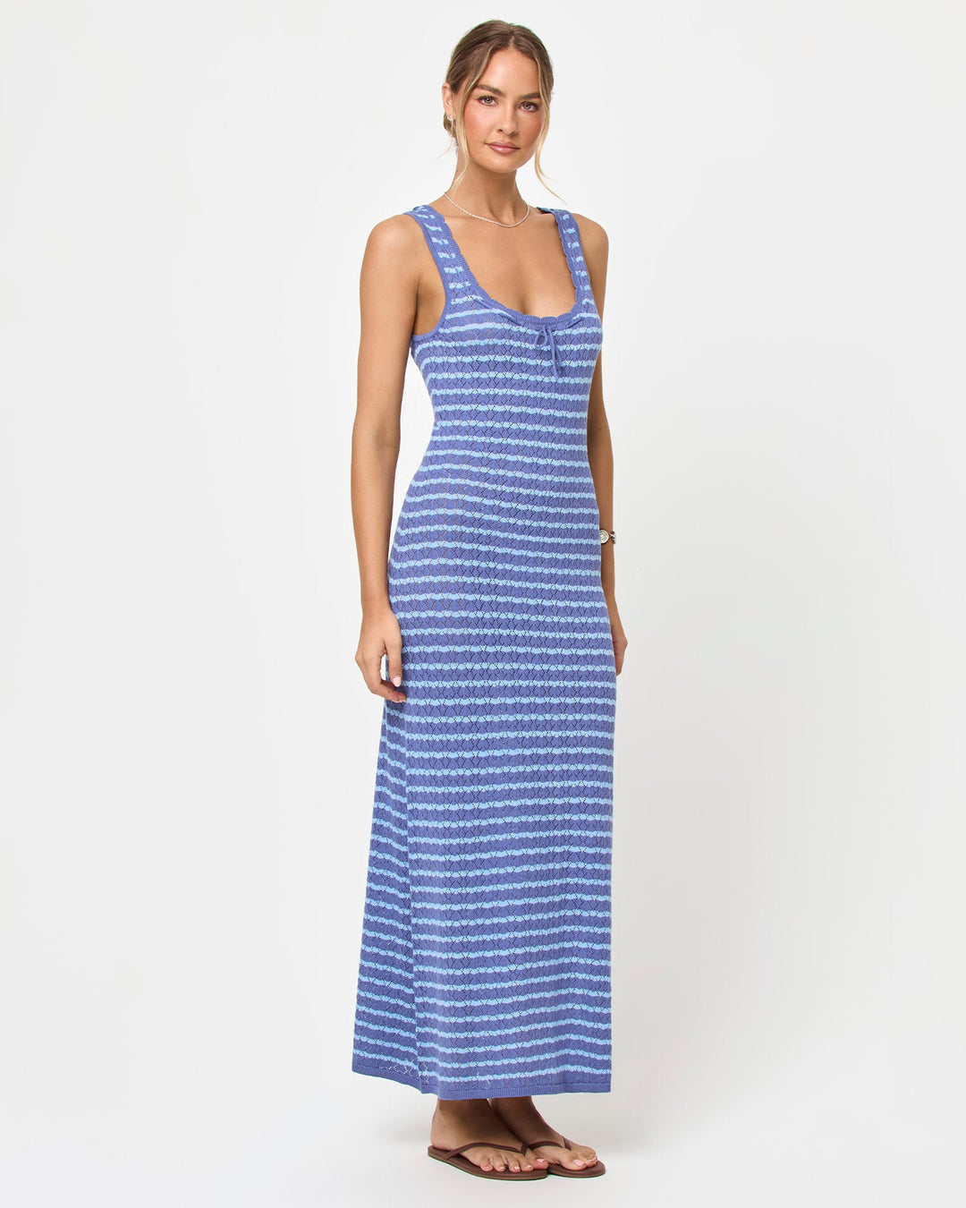 LSPACE Rosalie maxi dress in blue lagoon, three-quarter view on model.