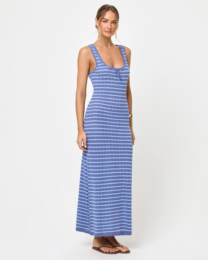 LSPACE Rosalie maxi dress in blue lagoon, three-quarter view on model.