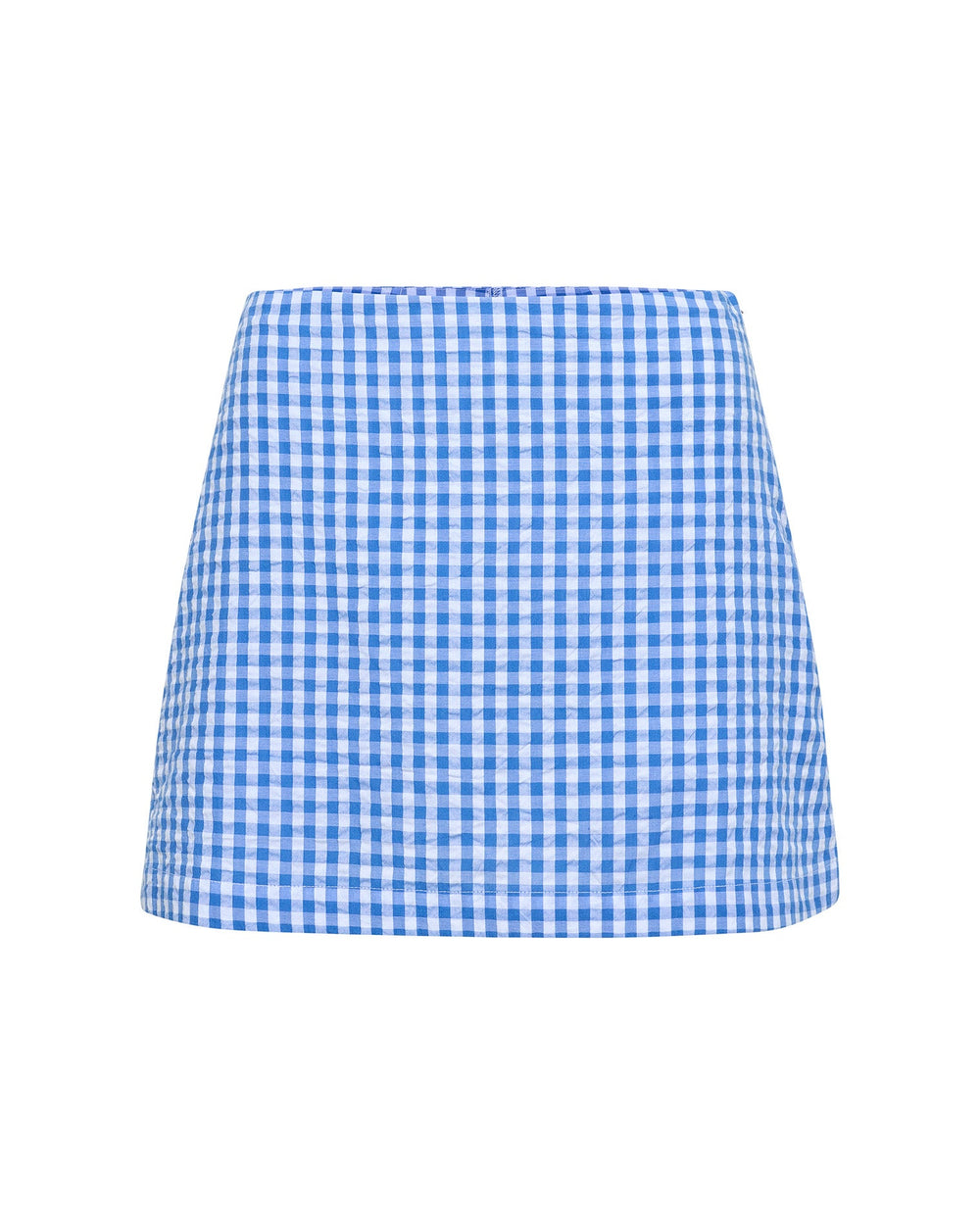 Off-model view of the LSPACE Venice Skort in morning gingham, displayed flat to show the blue and white gingham check pattern and A-line mini silhouette.