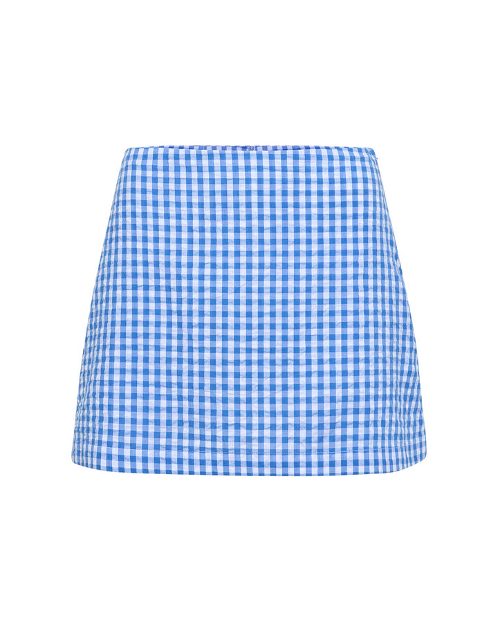 Off-model view of the LSPACE Venice Skort in morning gingham, displayed flat to show the blue and white gingham check pattern and A-line mini silhouette.