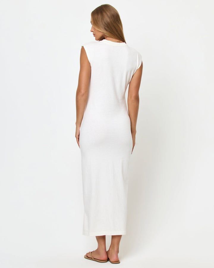 Back view of the L*Space Sacha Fitted Maxi Dress in white with a fitted maxi silhouette