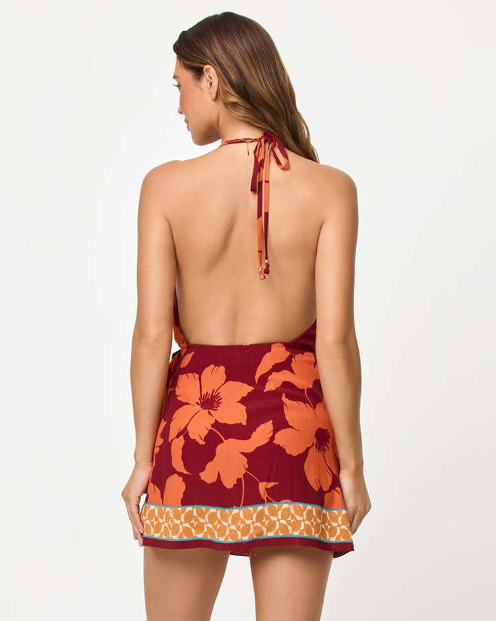 LSPACE Taura Mini Dress in Cocobolo print, back view on model.