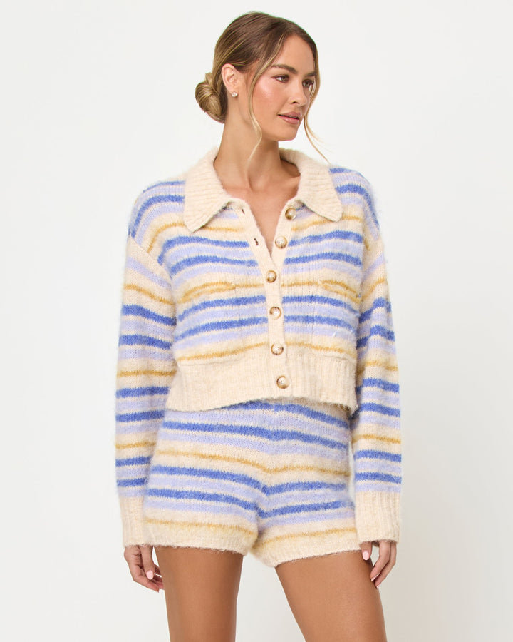 LSPACE Montauk short in Seaside Stripe, close-up detail view on model.