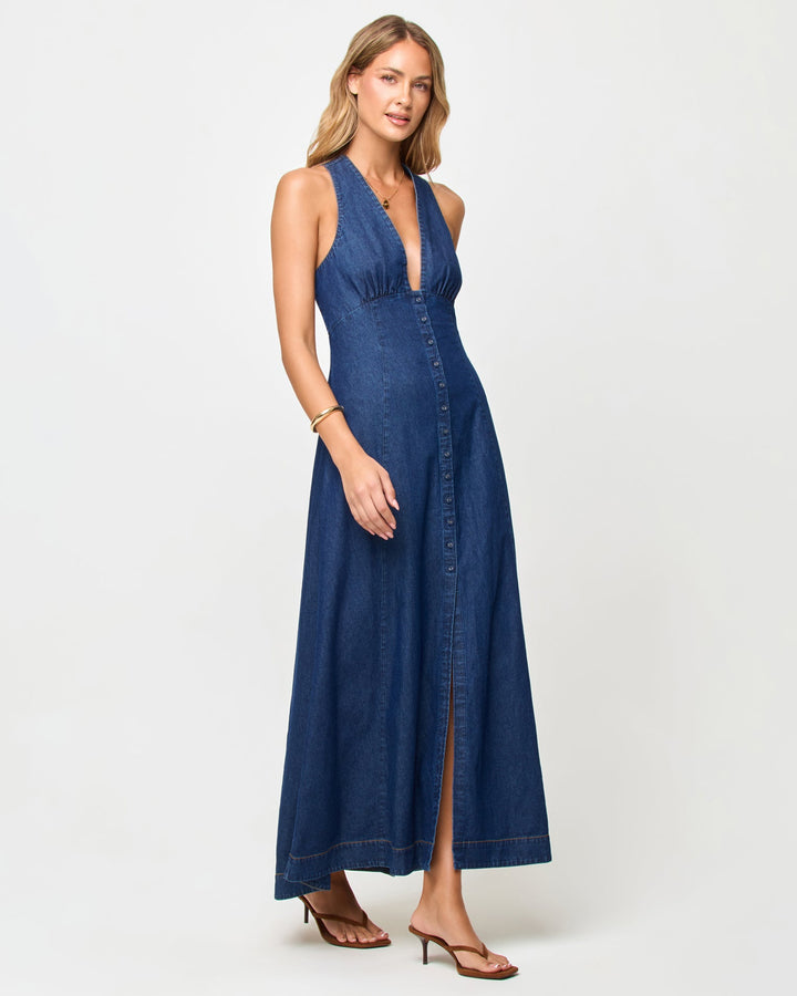LSPACE Arlo maxi dress in Indigo Chambray, side view on model.