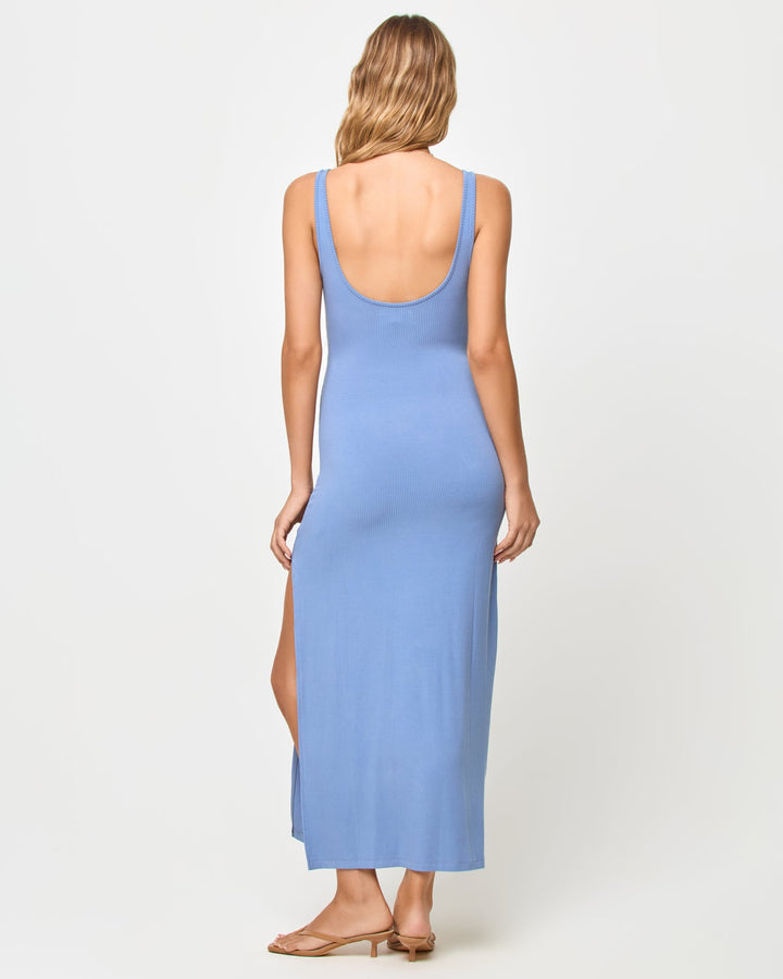 LSPACE Camille dress in chambray, back view on model.