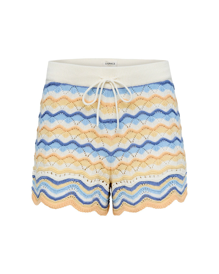 Off-model view of the LSPACE Sunchaser Short in Daydreamer, a crochet mini short in a blue, peach, and white wave pattern with cream waistband and drawstring.