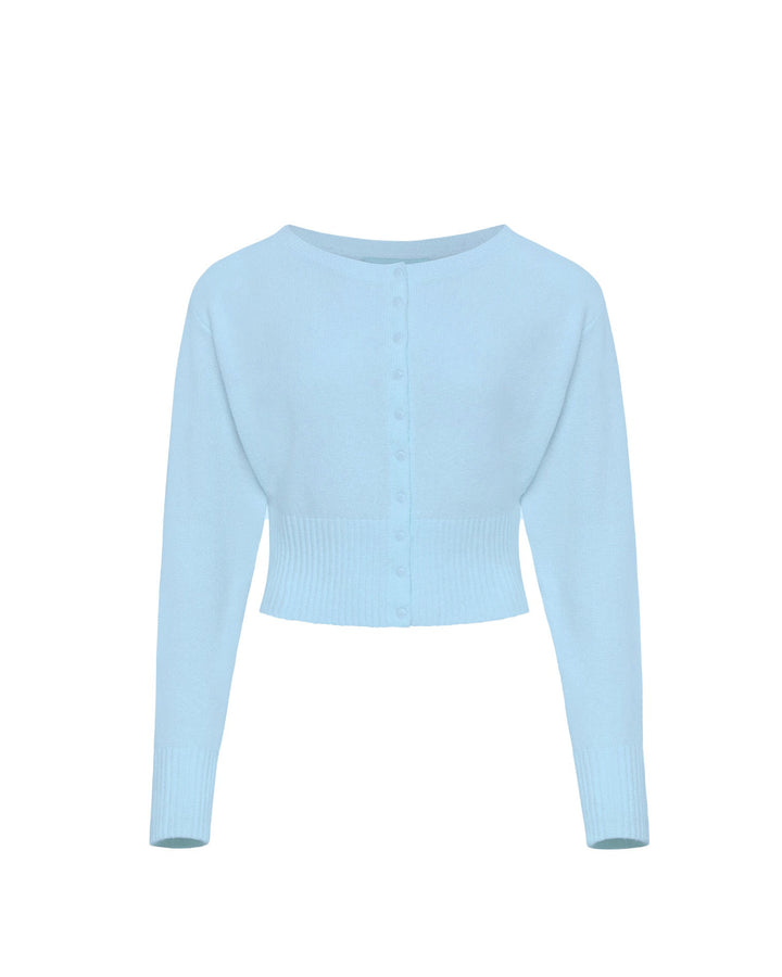 LSPACE In the Moment cardigan in sky blue, off-model flat lay.