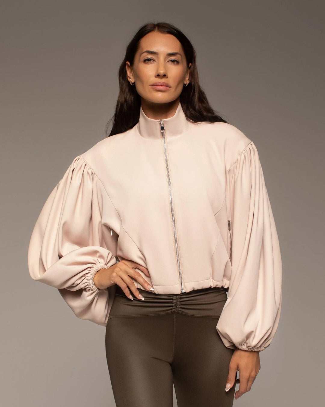Onyx Jacket in Nude Pink for women featuring a relaxed fit and zip-front design