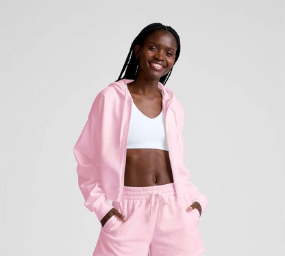 Luxefleece Zip Up Cropped Hoodie - Frosty Pink | Beyond Yoga | Evolve Fit Wear