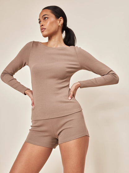 Serene Rib Long Sleeves Top - Pine Bark | Buttery-Soft