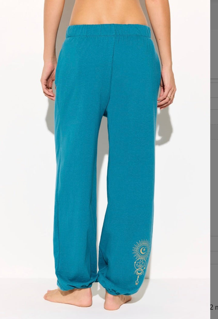 Spiritual Gangster Lunar Light Canyon Lightweight Cotton Sweatpants in Blue Lagoon rear angled view