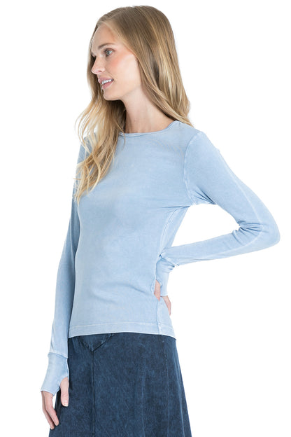 Sporty Thumbhole Long Sleeve Pullover Tee - Mineral Pale Blue